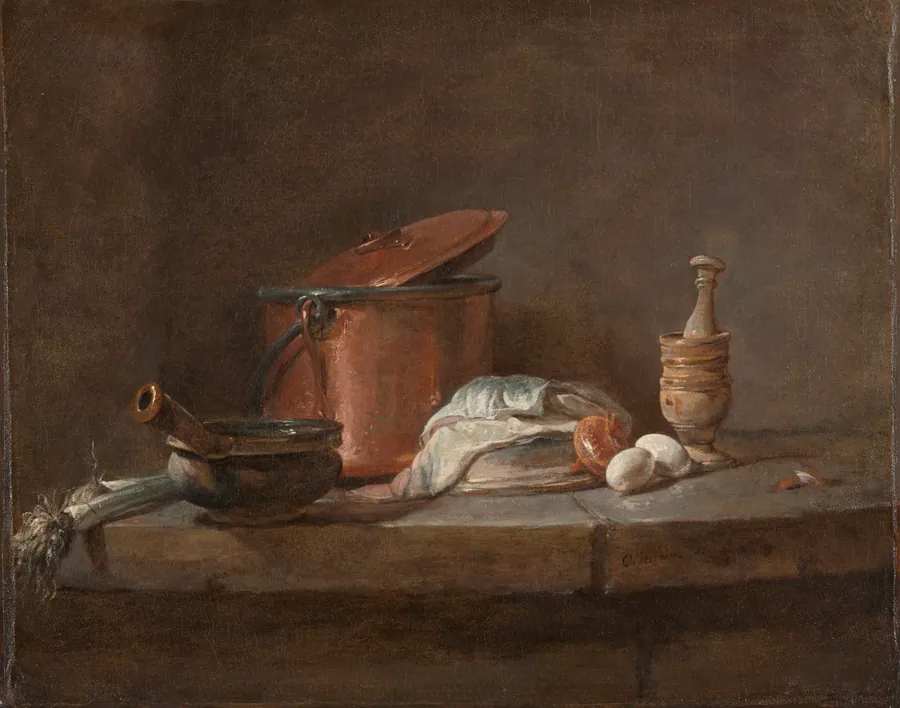 Kitchen Utensils with Leeks, Fish, and Eggs by Jean-Siméon Chardin
