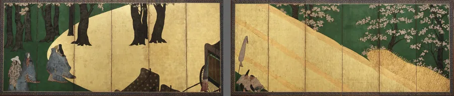Court Ladies among cherry trees (left); Cherry blossoms, a high fence and retainers (right) by Style of Tawaraya Sotatsu 俵屋宗達 (fl. ca. 1600-1643)