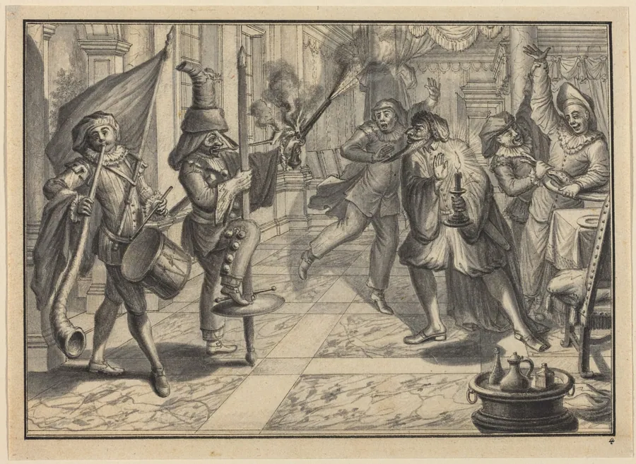 Mezzetin and Harlequin, Disguised as the Captain, Disrupt Pantaloon's Dinner by Johann Jacob Schübler
