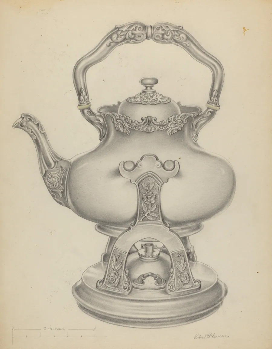 Silver Kettle with Lamp & Stand by R.E. Schearer