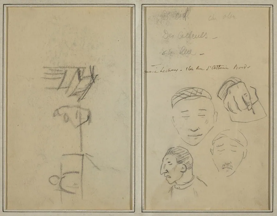 Two Figures and a Bench; Three Studies of Men's Heads and One of a Hand [recto] by Paul Gauguin