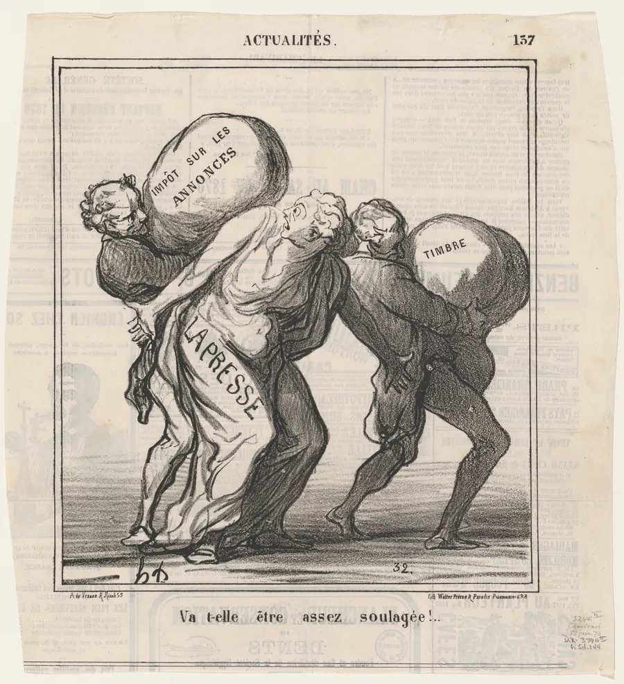 Will she be helped enough..., from 'News of the day,' published in Le Charivari, June 17, 1870 by Arnaud de Vresse