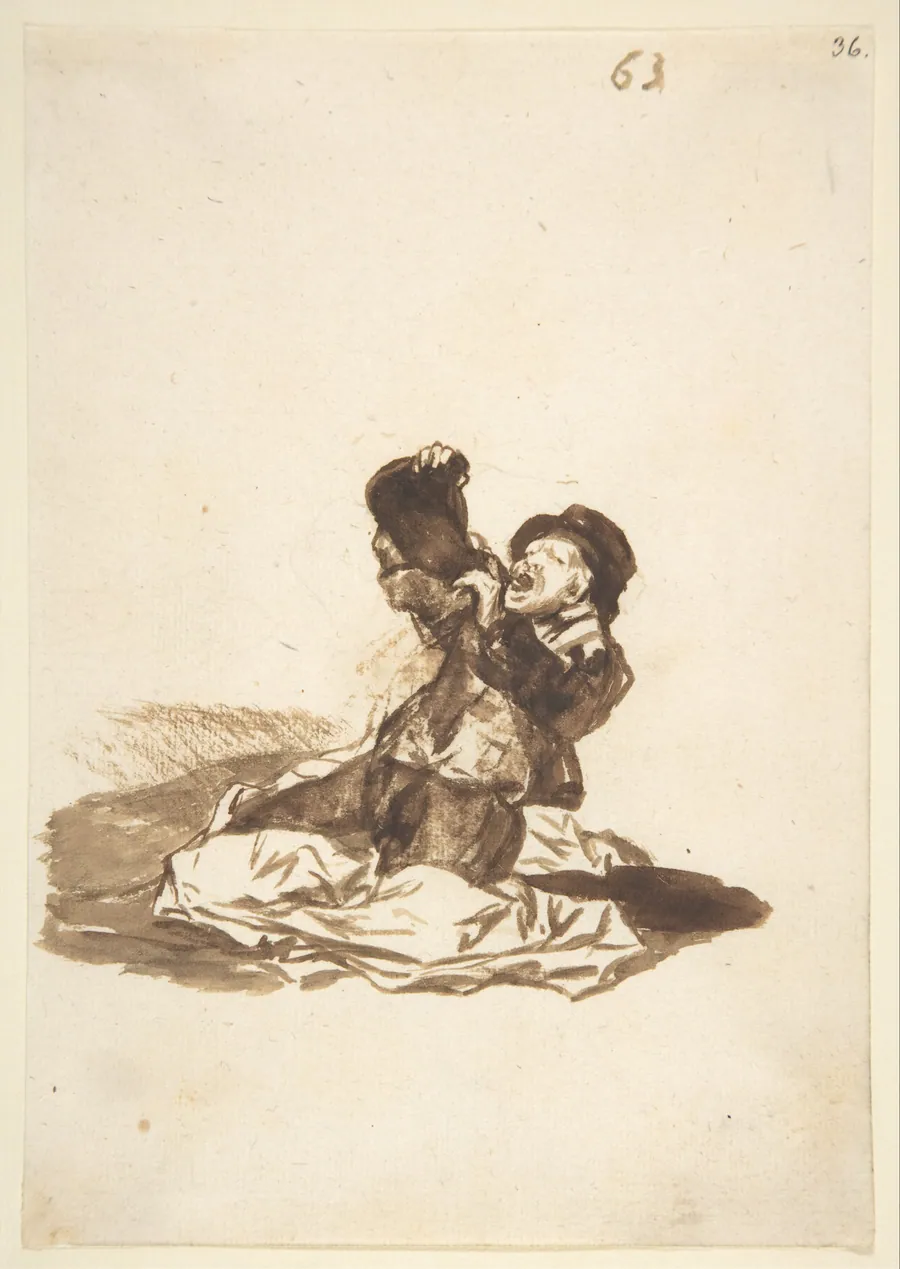 A man on the ground drinking from a wine skin; folio 63 from the Images of Spain Album 'F' by Goya (Francisco de Goya y Lucientes)