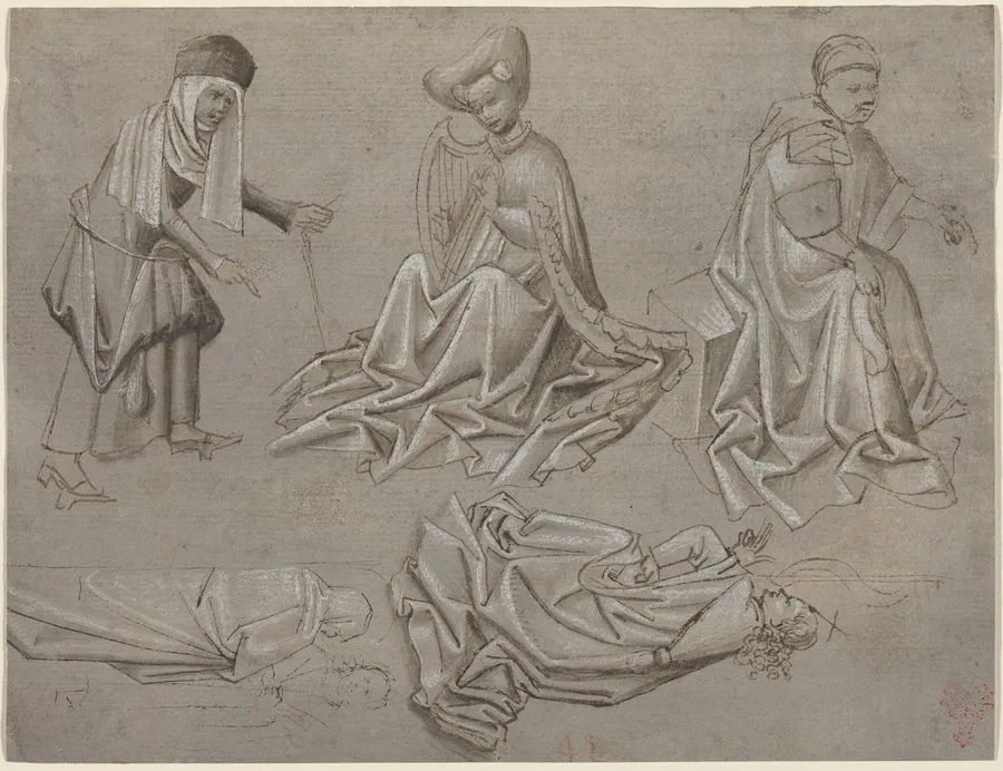 Studies for Six Figures (sheet from a model book) [recto] by German 15th Century