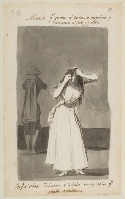 Woman throwing a tantrum and pulling her hair; folio 94 (verso) from the Madrid Album 'B'