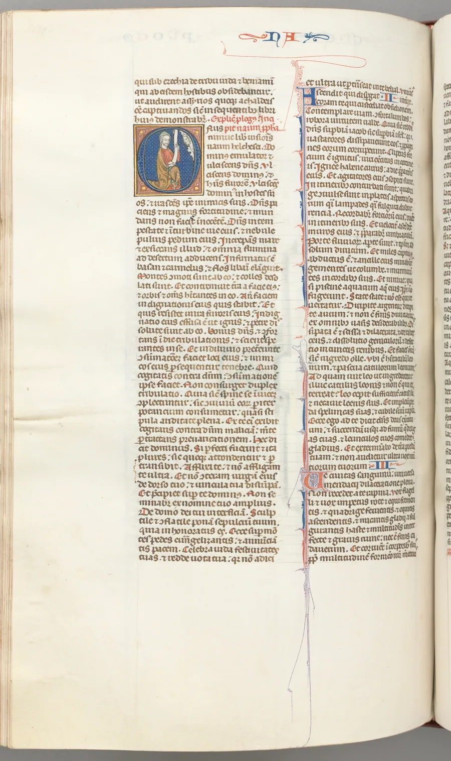 Fol. 360v, Nahum, historiated initial O, Nahum kneeling with a scroll, bust of God above