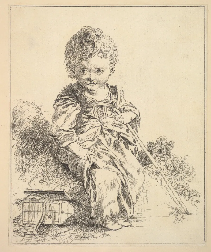 Un enfant assis sur une motte de terre (An enfant seated on a clod of earth), after Le Petit Savoyard by François Boucher, from Suite d'estampes gravées par madame la marquise de Pompadour d'après les pierres gravées de Guay, graveur du Roi by Madame la Marquise de Pompadour