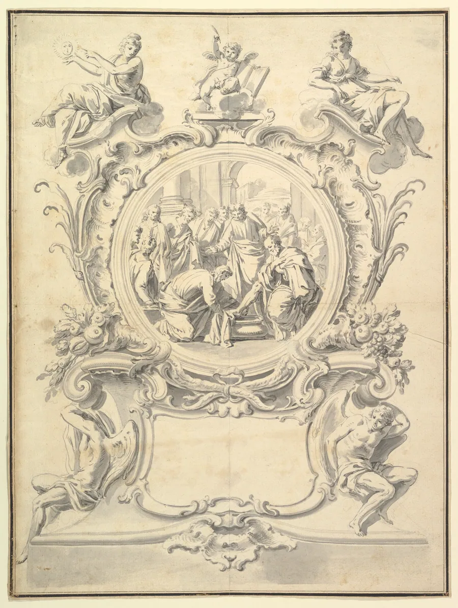 Elaborately Framed Roundel of Christ Washing the Feel of the Apostles by Anonymous, German, 19th century