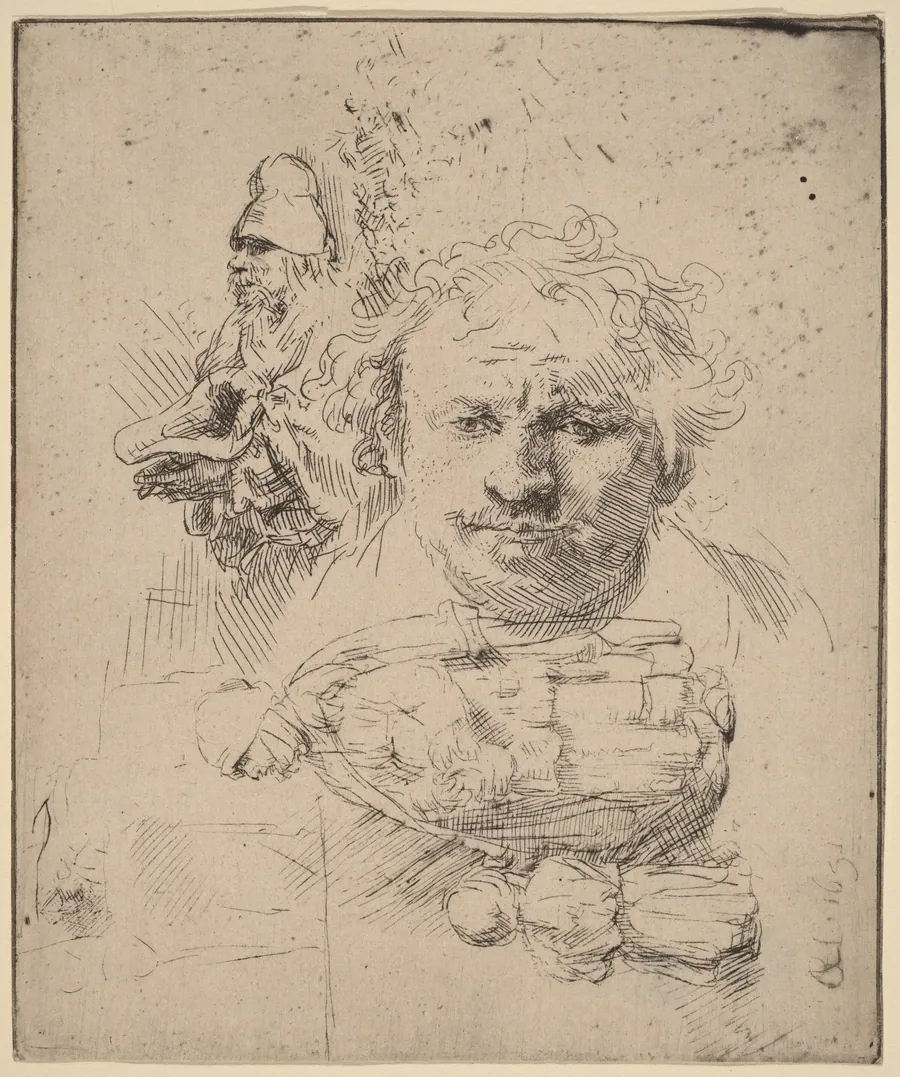 Sheet of Studies with the Head of the Artist, a Beggar Man, and Woman and Child by Rembrandt van Rijn