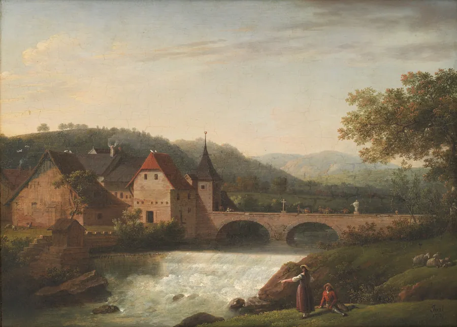 Broen og vandfaldet i Dornach, Schweiz by Jens Juel