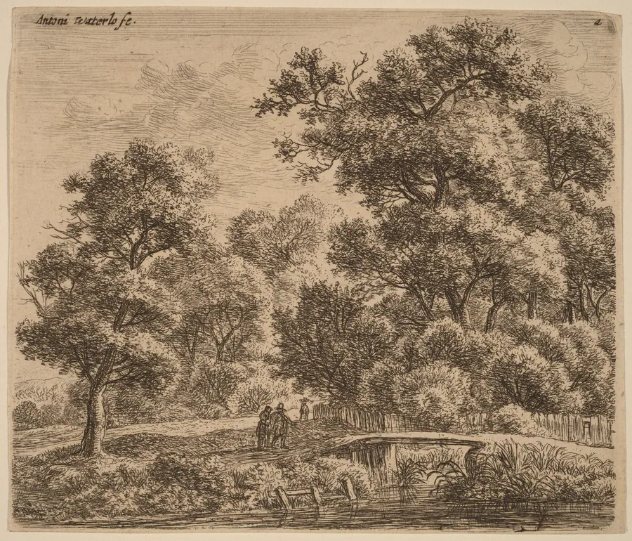 Wooded Landscape with a Bridge by Anthonie Waterloo