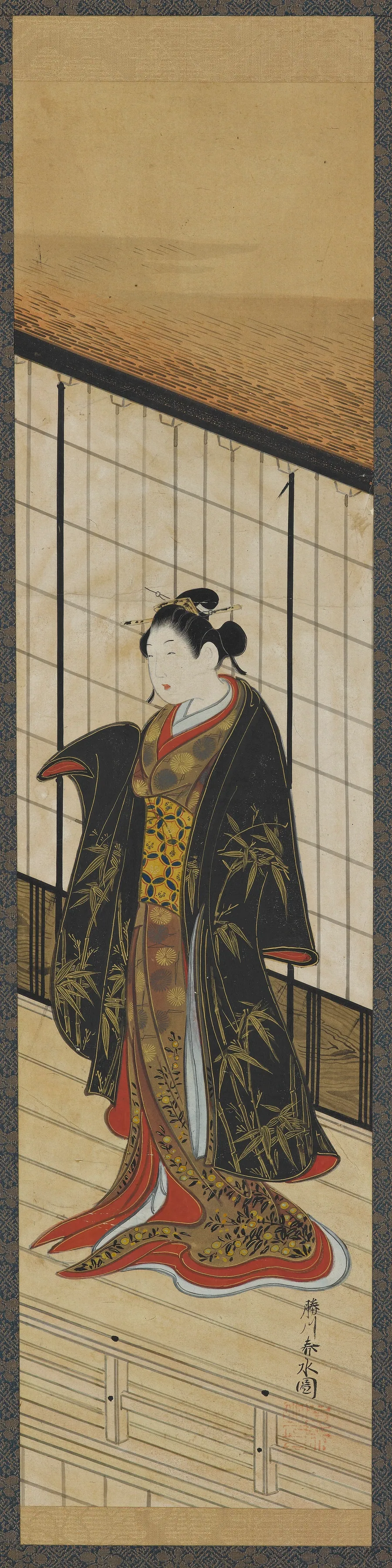 Woman standing on a second-story balcony by Katsukawa Shunsui 勝川春水 (fl. 1744-1764)