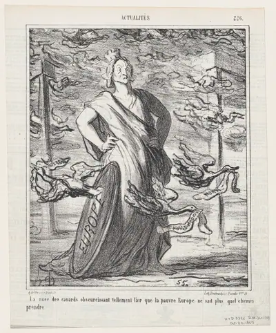 The cloud of ducks obscures the sky so much that poor Europe does not know which road to take, from 'News of the day,' published in Le Charivari, October 22, 1867