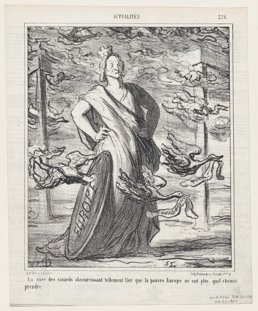 The cloud of ducks obscures the sky so much that poor Europe does not know which road to take, from 'News of the day,' published in Le Charivari, October 22, 1867 by Destouches