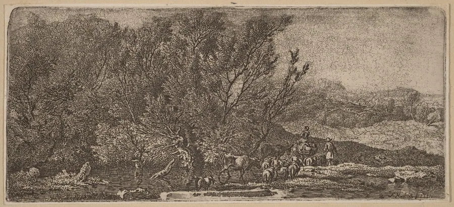 Shepherds with Their Herd Fording a Stream by Ferdinand Kobell