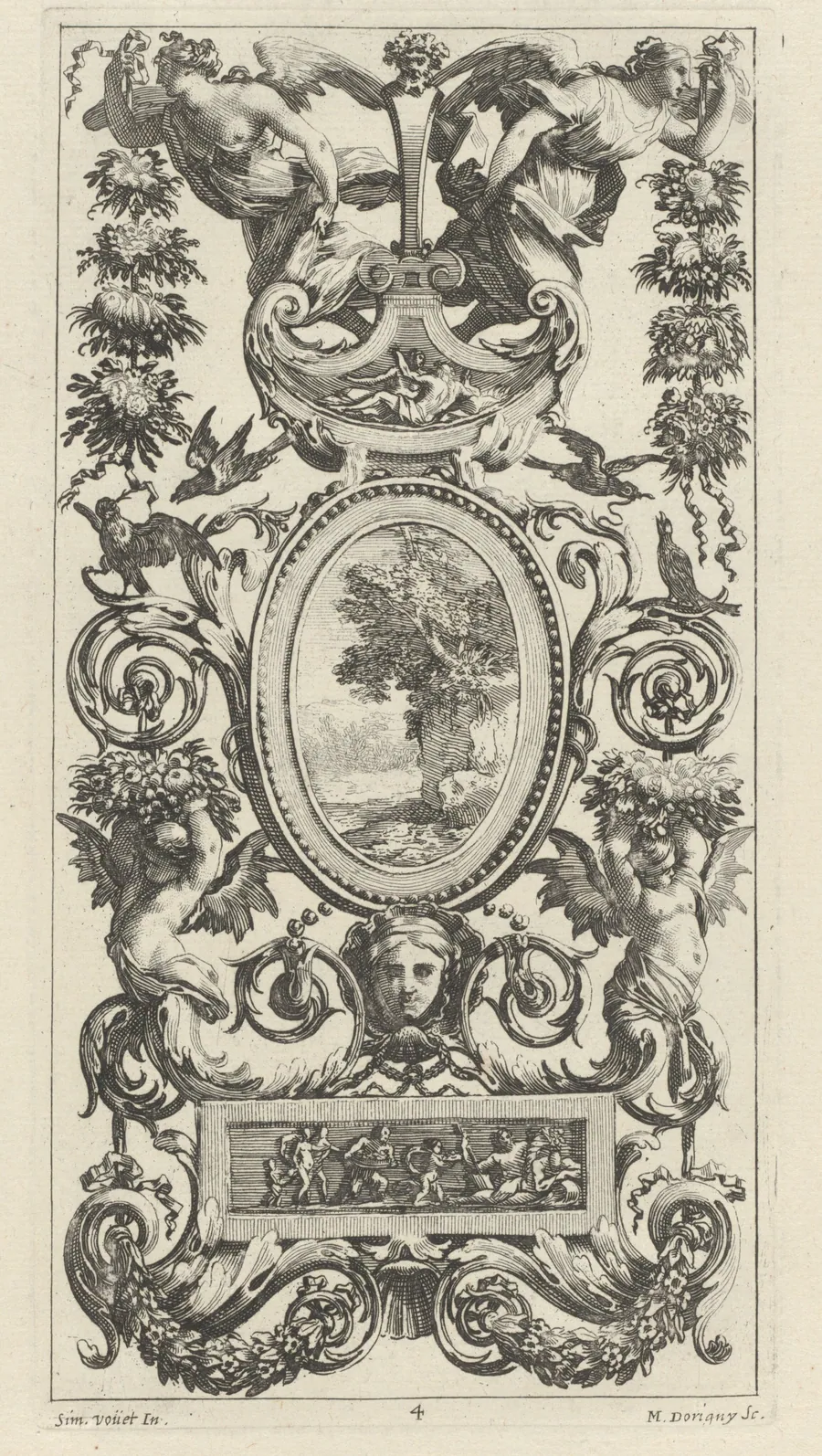 Ornamental Panel with Pan and Two Garland-Bearing Women by Michel Dorigny