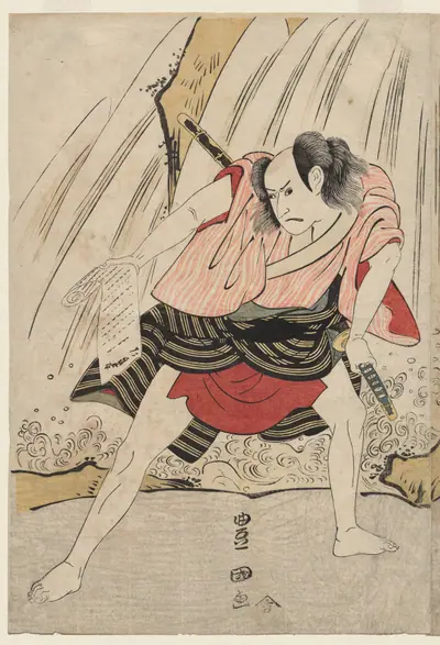 Kataoka Nizaemon VII and Ichikawa Yaozo III in a Confrontation Beside a Waterfall