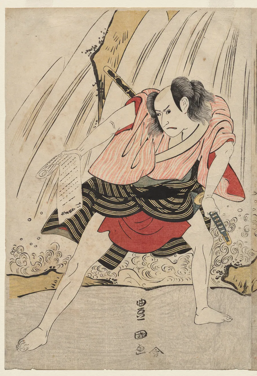 Kataoka Nizaemon VII and Ichikawa Yaozo III in a Confrontation Beside a Waterfall by Utagawa Toyokuni