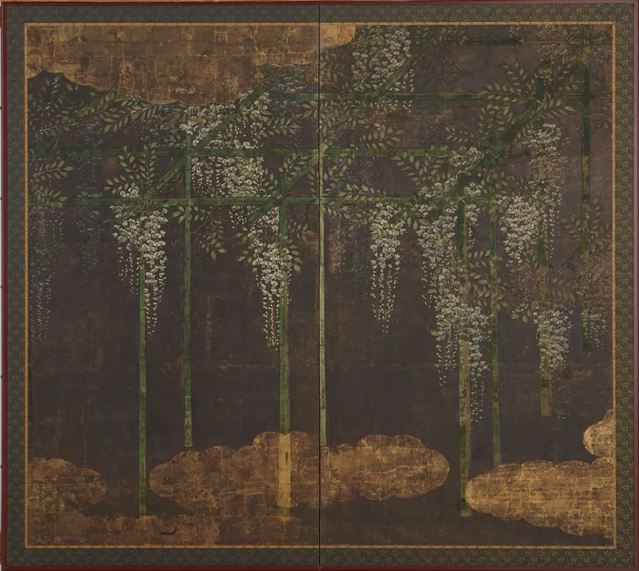 Blossoming wisteria on a bamboo trellis by Style of Kano Eitoku 狩野永徳 (1543-1590)