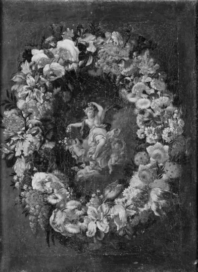 Blomsterkrans med Flora i midten