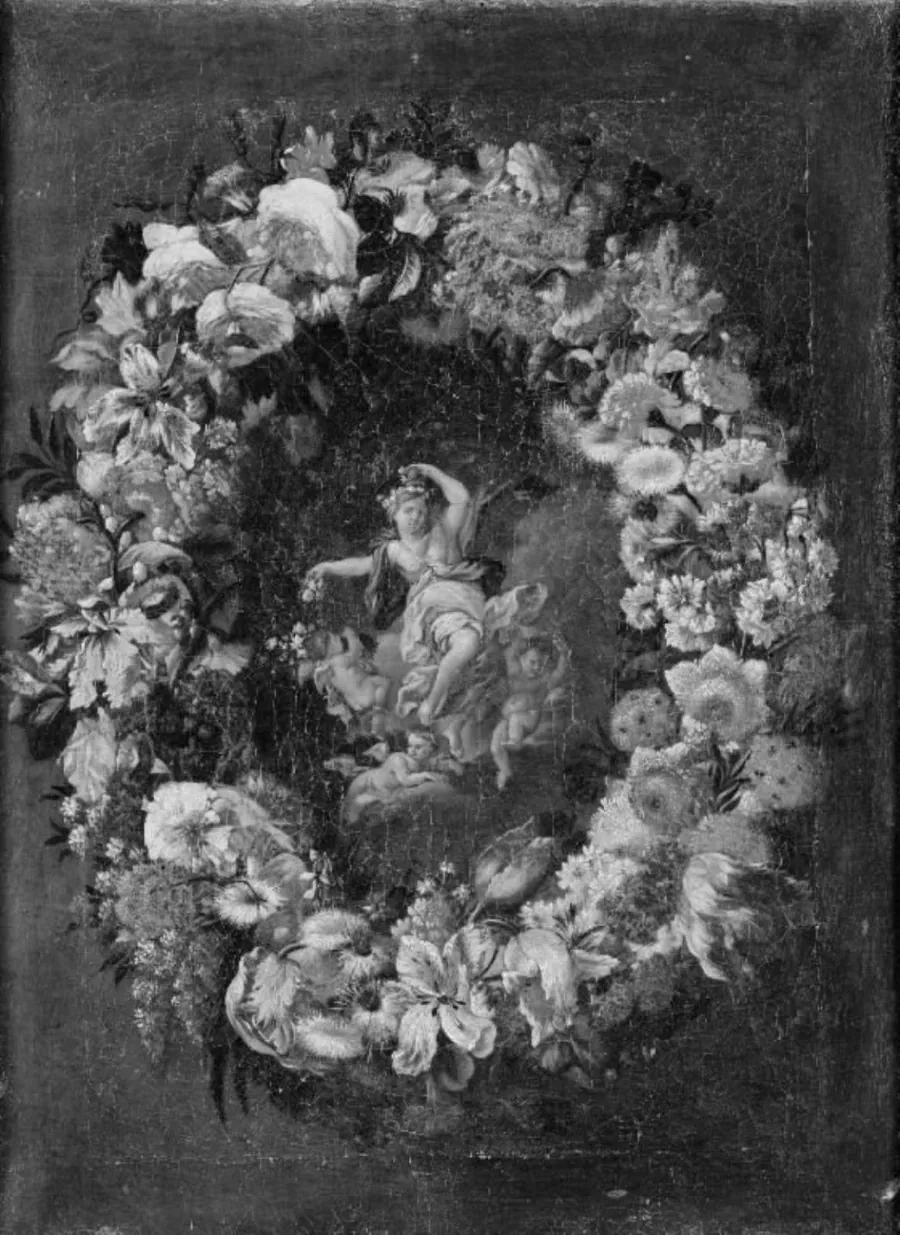 Blomsterkrans med Flora i midten by Carel de Vogelaer