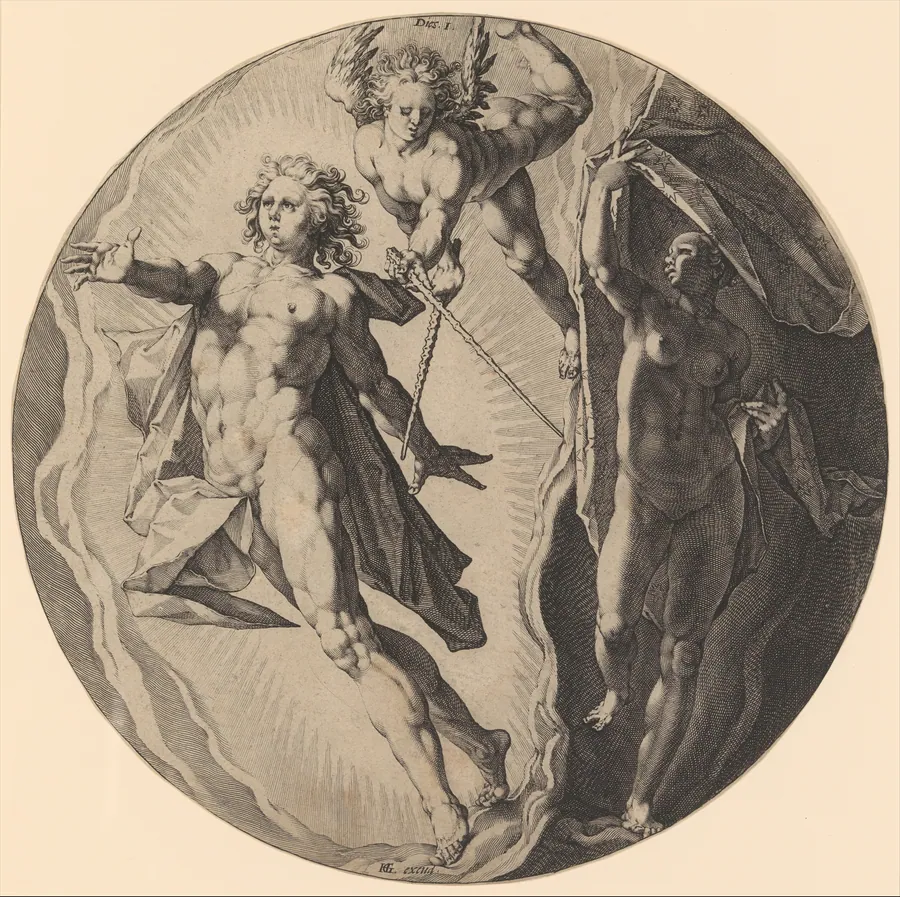 The First Day (Dies I):  The Separation of Darkness and Light, plate 1 from The Creation of the World, a series of seven plates by Hendrick Goltzius