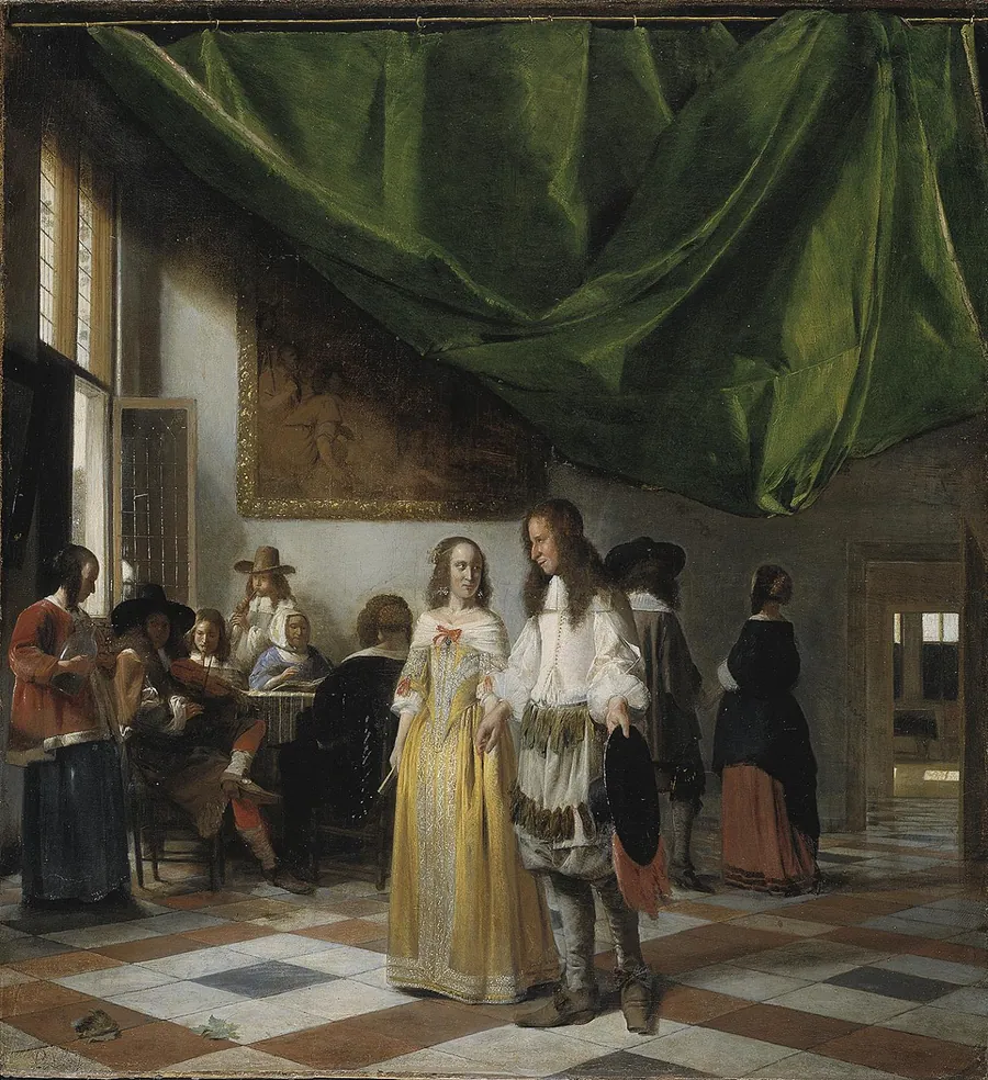 Interiør med et ungt par og musicerende folk by Pieter de Hooch