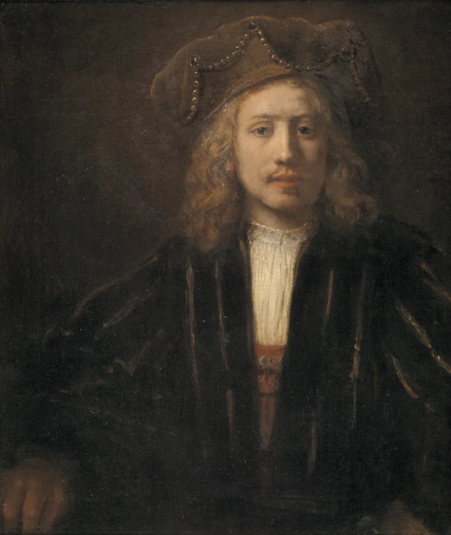 Mand med perlebesat baret by Rembrandt van Rijn (værksted)