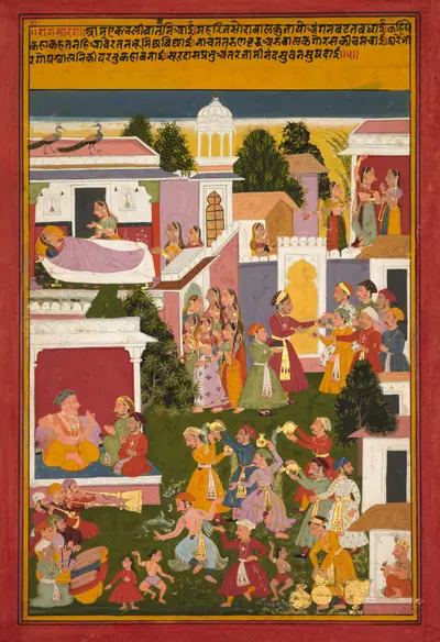 The Birth of Krishna, from a Sursagar of Surdas (Indian, c. 1480–1580)