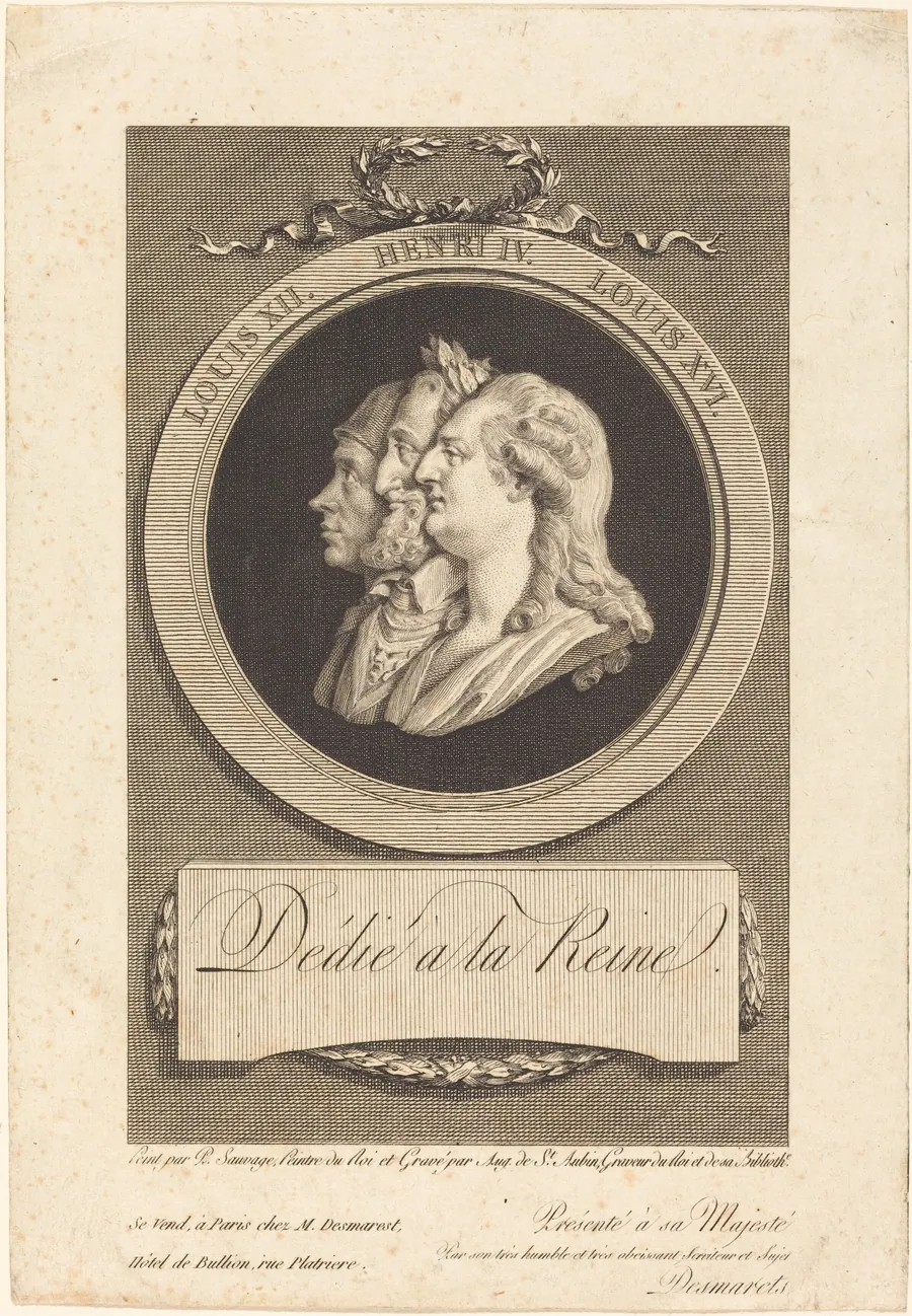 Louis XVI, Henri IV, and Louis XII by Augustin de Saint-Aubin