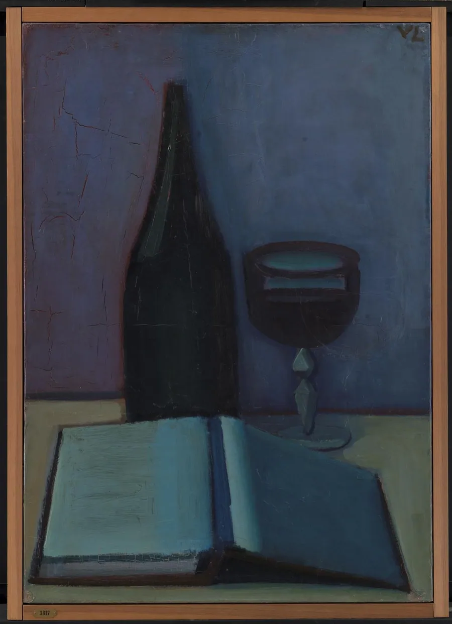Opstilling med bog, glas og flaske by Vilhelm Lundstrøm