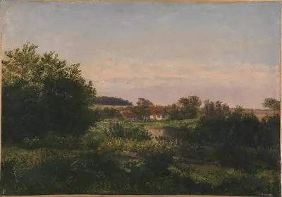 Landskab med bondehus ved en dam