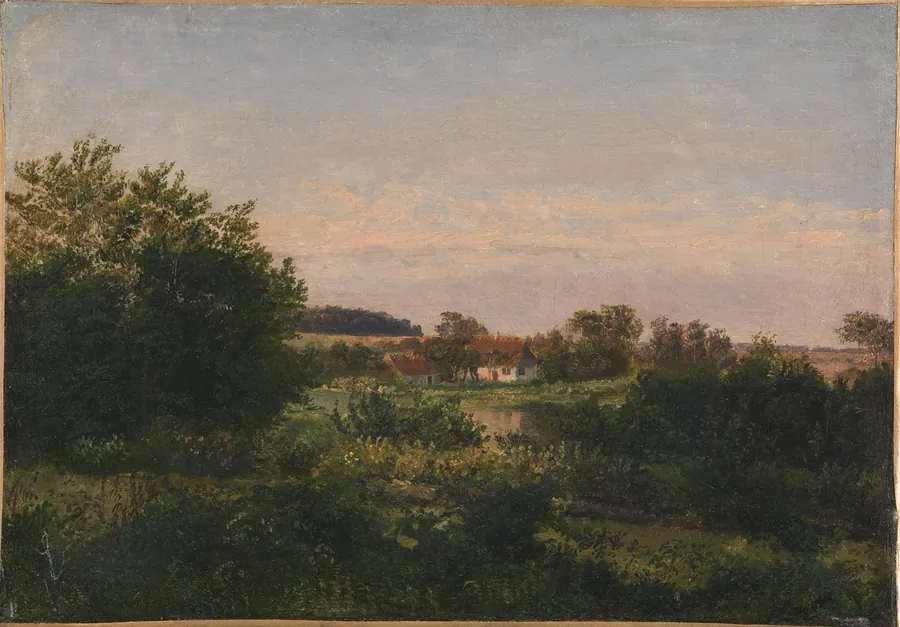 Landskab med bondehus ved en dam by Dankvart Dreyer