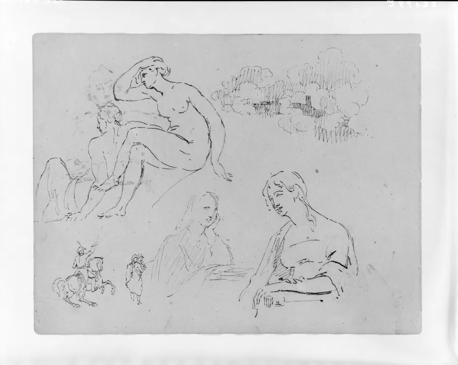 Study of Clouds; Two Female Nudes (after Michelangelo?); Two Half-length Female Portraits; Equestrian Figure with Two Men (from Sketchbook) by Thomas Sully