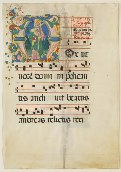 Manuscript Leaf with the Feast of Saint Andrew in an Initial M, from an Antiphonary