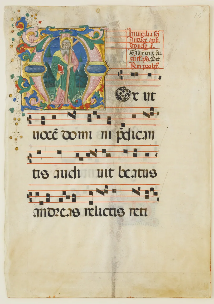 Manuscript Leaf with the Feast of Saint Andrew in an Initial M, from an Antiphonary by Master of the Riccardiana Lactantius