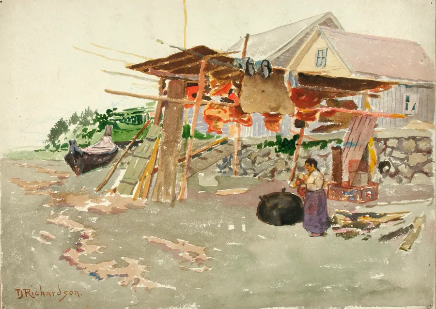 Salmon Drying, Indian Village, Alaska by Theodore J. Richardson, born Readfield, ME 1855-died Minneapolis, MN 1914