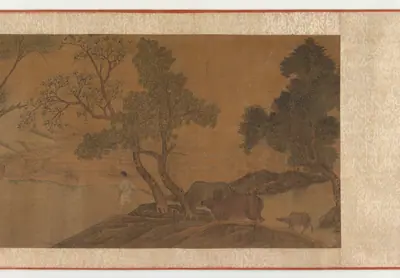 Herdboys and water buffaloes crossing a stream