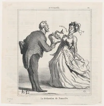 The declaration of Damocles, from 'News of the day,' published in Le Charivari, March 25, 1870