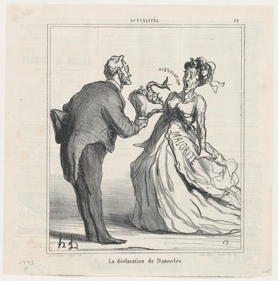 The declaration of Damocles, from 'News of the day,' published in Le Charivari, March 25, 1870 by Arnaud de Vresse