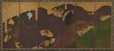 Ivy vines, bridges and floating fans 蔦の細道扇面流図屏風