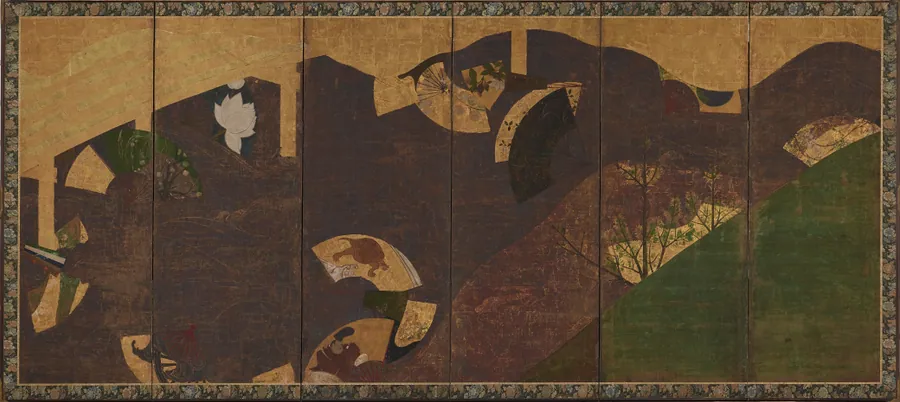 Ivy vines, bridges and floating fans 蔦の細道扇面流図屏風 by Tawaraya Sotatsu 俵屋宗達 (fl. ca. 1600-1643)
