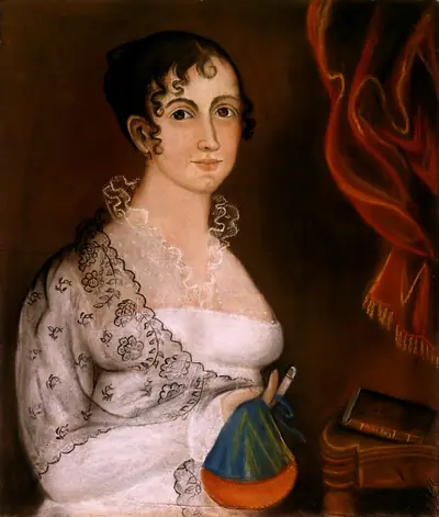 Lady with Red and Blue Sewing Bag