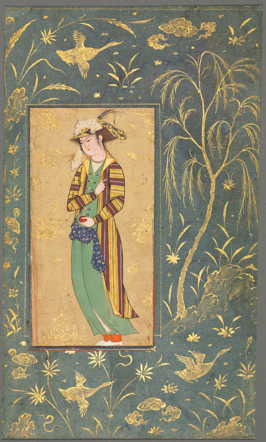 Youth Holding a Pomegranate; Illustration from a Single Page Manuscript by Riza-yi Abbasi