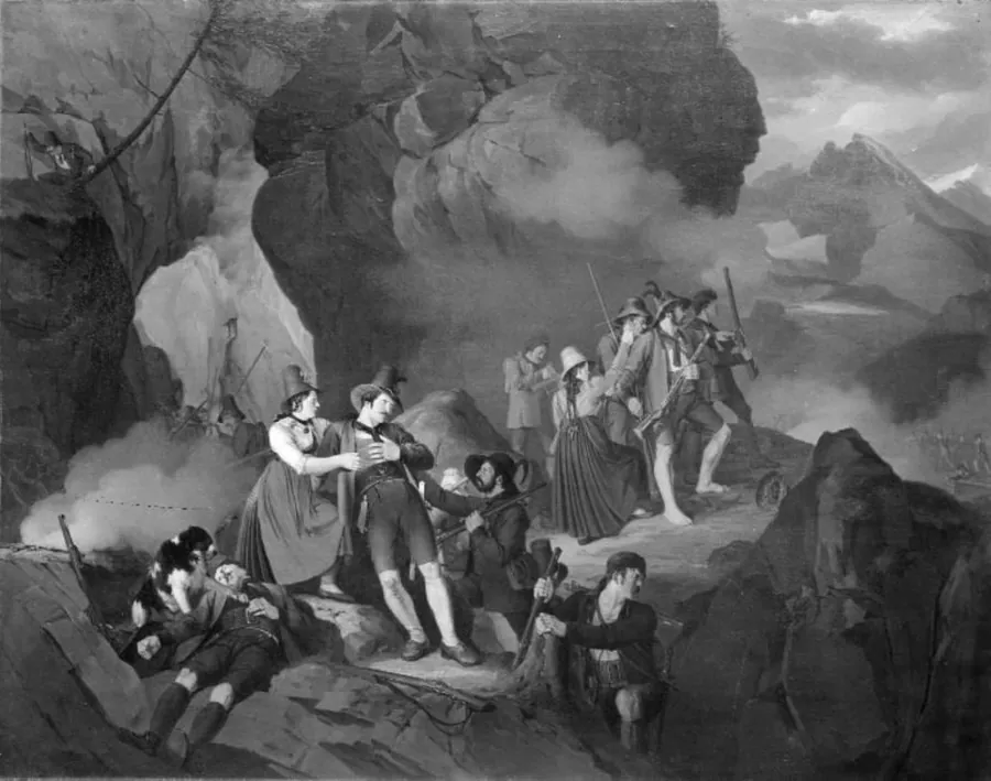 Tyrolere forsvarer sig mod franskmændene under Napoleons felttog i 1809 by Jørgen V. Sonne