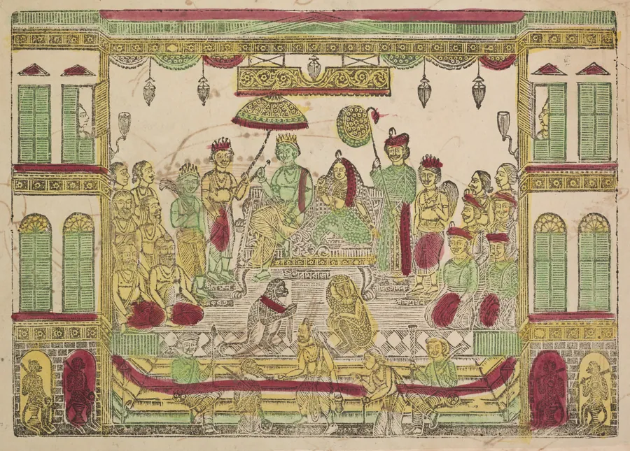 Rama and Sita in the royal palace (recto), from a Kalighat album by Shri Gobinda Chandra Roy