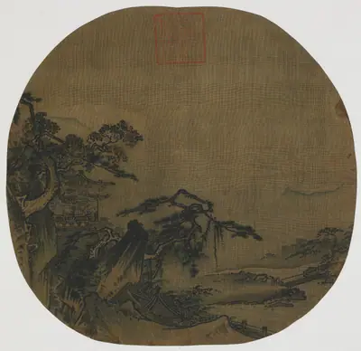 Landscape: pavilions on a mountain side; a stream below