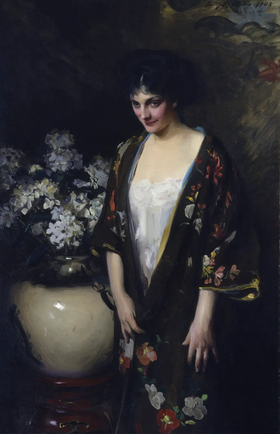 Brown Kimono (Portrait of Kathryn Beta la Forque) by Irving R. Wiles, born Utica, NY 1861-died Peconic, NY 1948