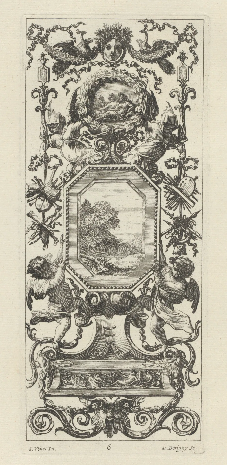 Ornamental Panel Surmounted by the Crowned Head of a Woman and Two Peacocks by Michel Dorigny