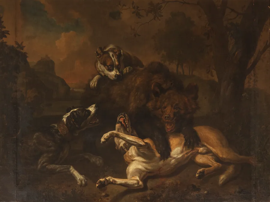 Kamp mellem en bjørn og hunde i et landskab by Dirk Valkenburg